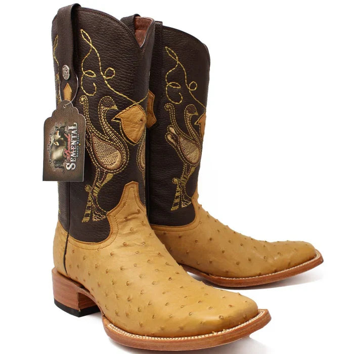 Men's Genuine Full Quill Ostrich Square Toe Boots Antique Saddle - 6