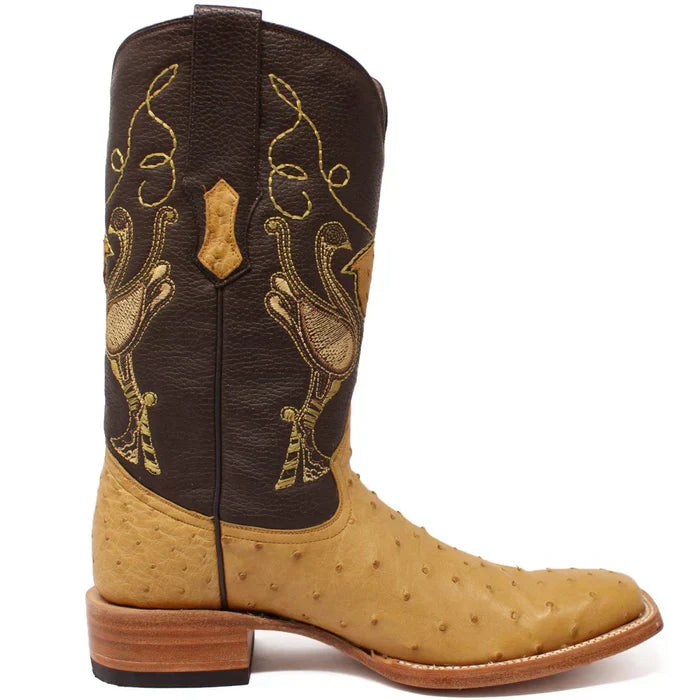 Men's Genuine Full Quill Ostrich Square Toe Boots Antique Saddle - 6
