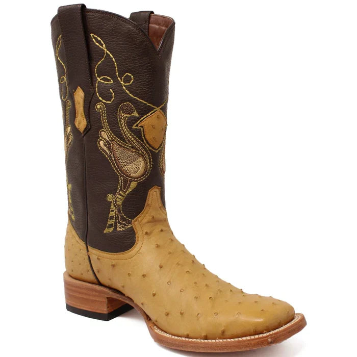Men's Genuine Full Quill Ostrich Square Toe Boots Antique Saddle - 6