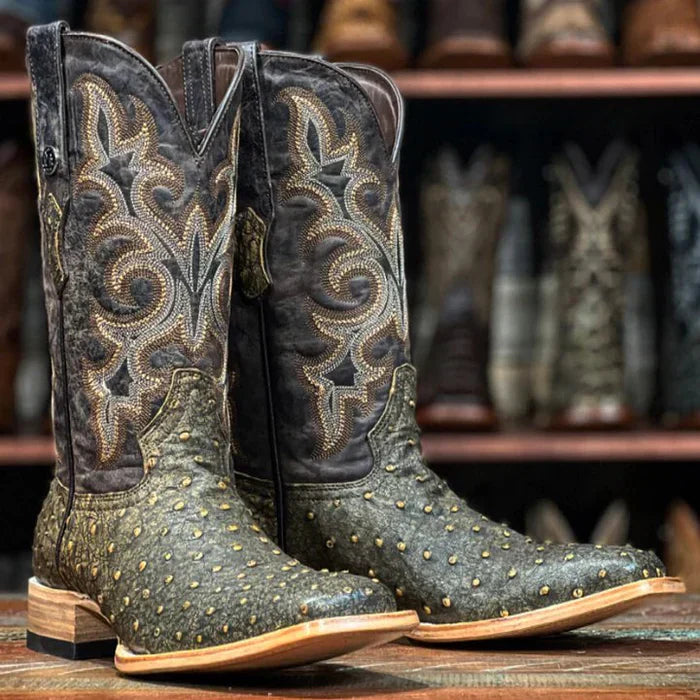 Men's Genuine Full Quill Ostrich Square Toe Boots Antique Saddle VF - 6.5