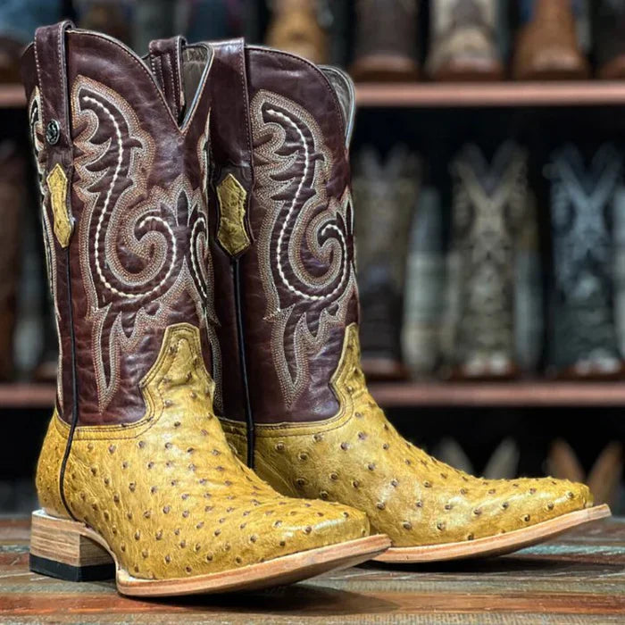 Men's Genuine Full Quill Ostrich Square Toe Boots Antique Saddle - 6.5
