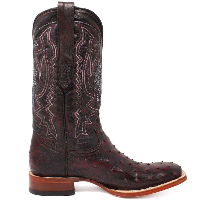 Men's Genuine Full Quill Ostrich Square Toe Boots Black Cherry - 6