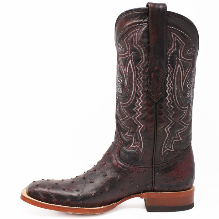 Men's Genuine Full Quill Ostrich Square Toe Boots Black Cherry - 6