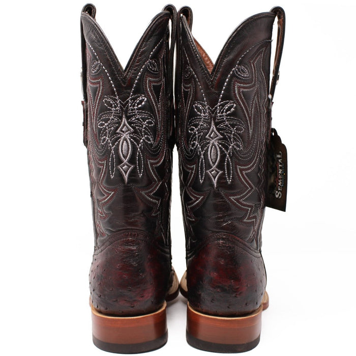 Men's Genuine Full Quill Ostrich Square Toe Boots Cherry Wood - 6