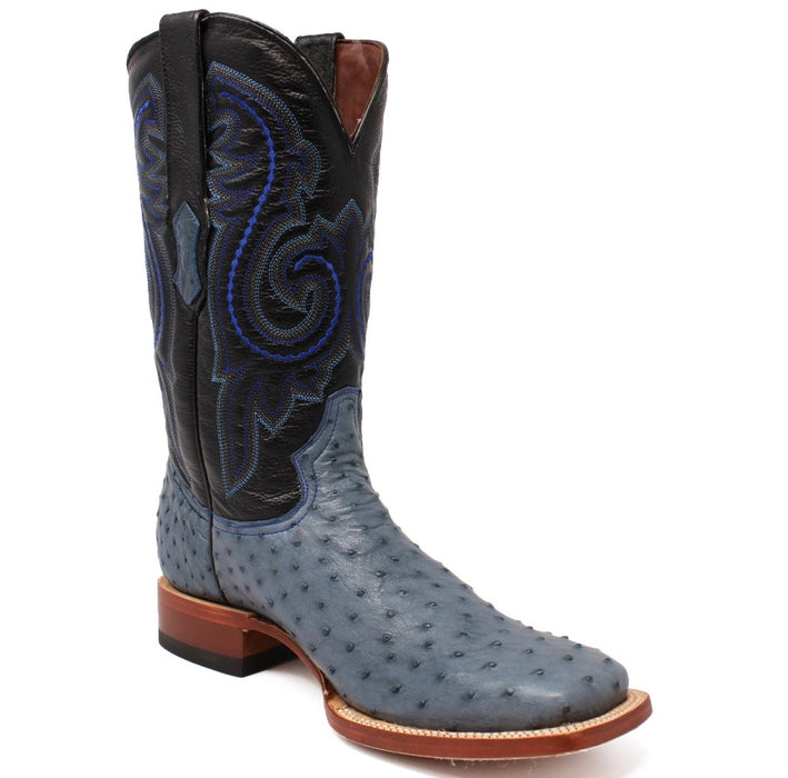 Men's Genuine Full Quill Ostrich Square Toe Boots Blue Jean - 6