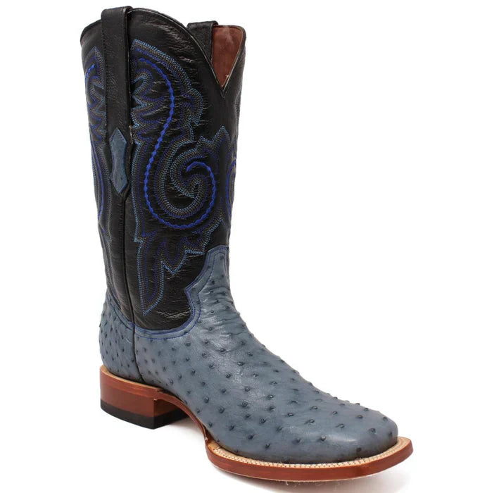 Men's Genuine Full Quill Ostrich Square Toe Boots Blue Jean - 6