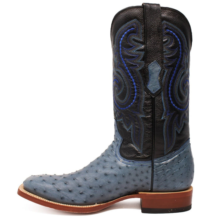 Men's Genuine Full Quill Ostrich Square Toe Boots Blue Jean - 6