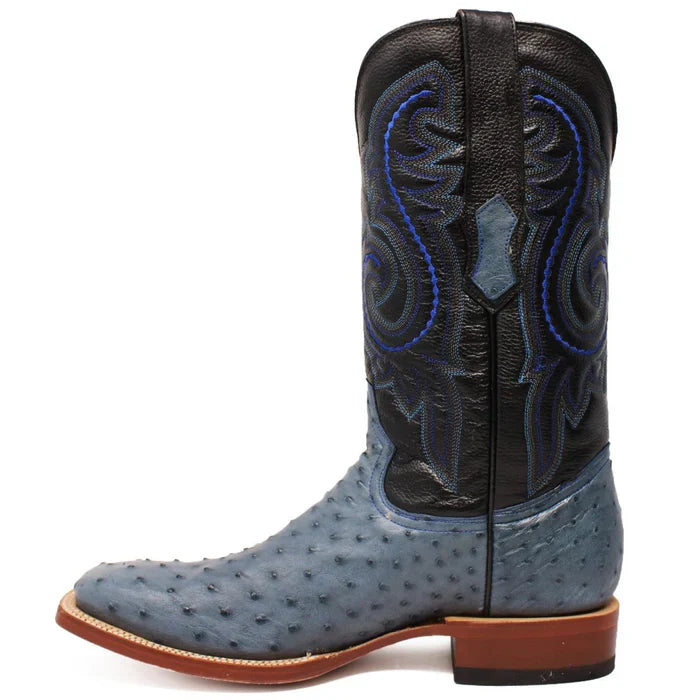 Men's Genuine Full Quill Ostrich Square Toe Boots Blue Jean - 6