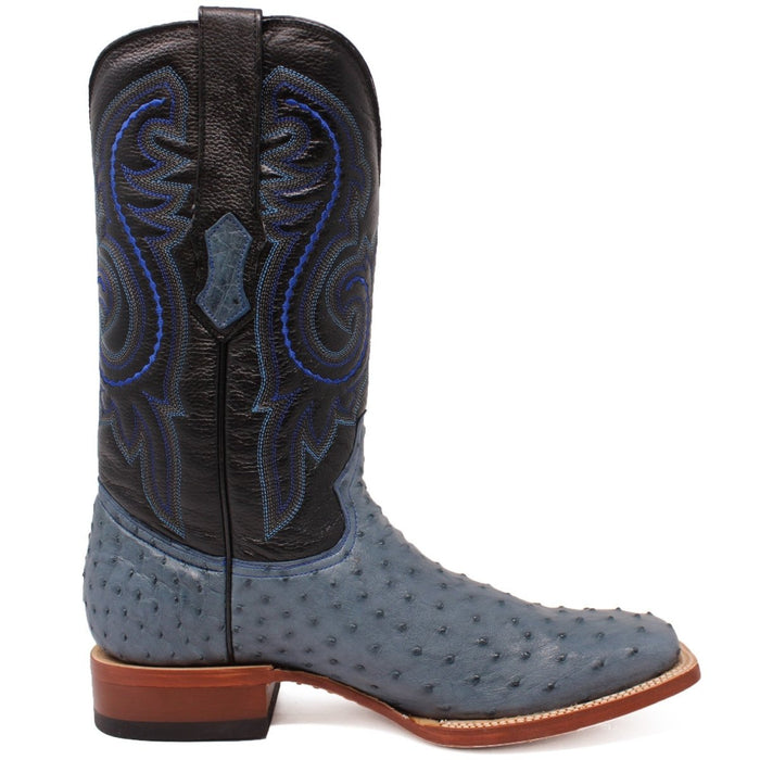 Men's Genuine Full Quill Ostrich Square Toe Boots Blue Jean - 6