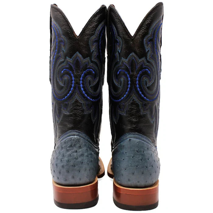 Men's Genuine Full Quill Ostrich Square Toe Boots Blue Jean - 6