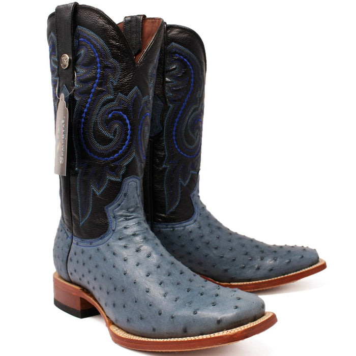 Men's Genuine Full Quill Ostrich Square Toe Boots Blue Jean - 6