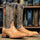 Men's Genuine Full Quill Ostrich Square Toe Boots Brandy
