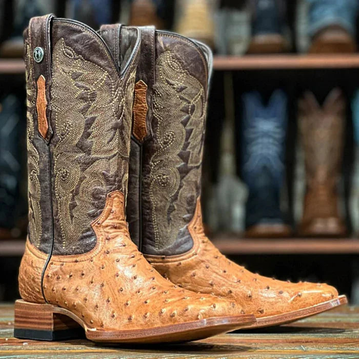 Men's Genuine Full Quill Ostrich Square Toe Boots Brandy - 6.5