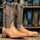 Men's Genuine Full Quill Ostrich Square Toe Boots Brandy