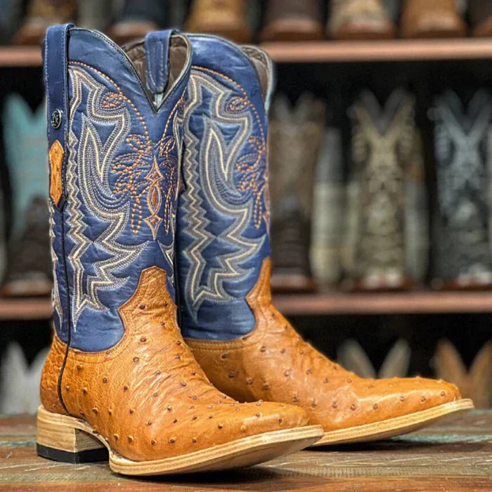 Men's Genuine Full Quill Ostrich Square Toe Boots Brandy - 6.5