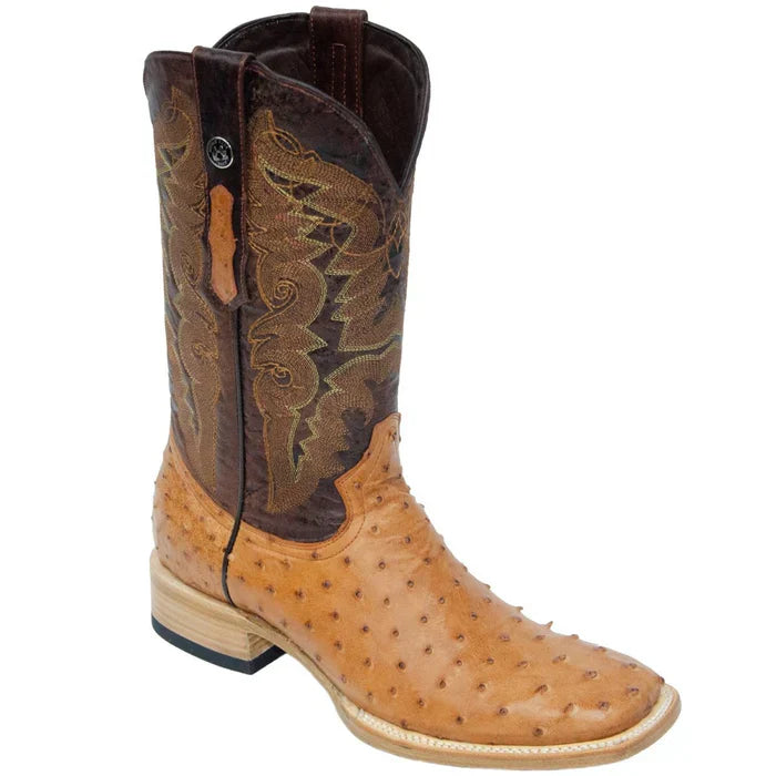 Men's Genuine Full Quill Ostrich Square Toe Boots Brandy - 6.5