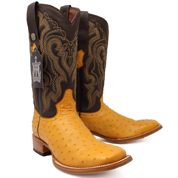 Men's Genuine Full Quill Ostrich Square Toe Boots Antique Saddle - 6