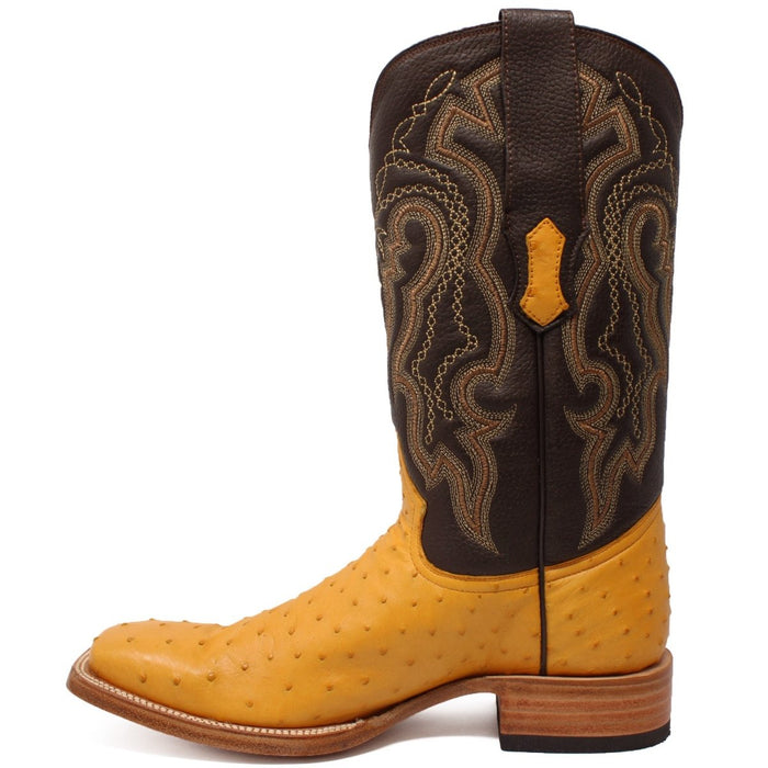 Men's Genuine Full Quill Ostrich Square Toe Boots Antique Saddle - 6