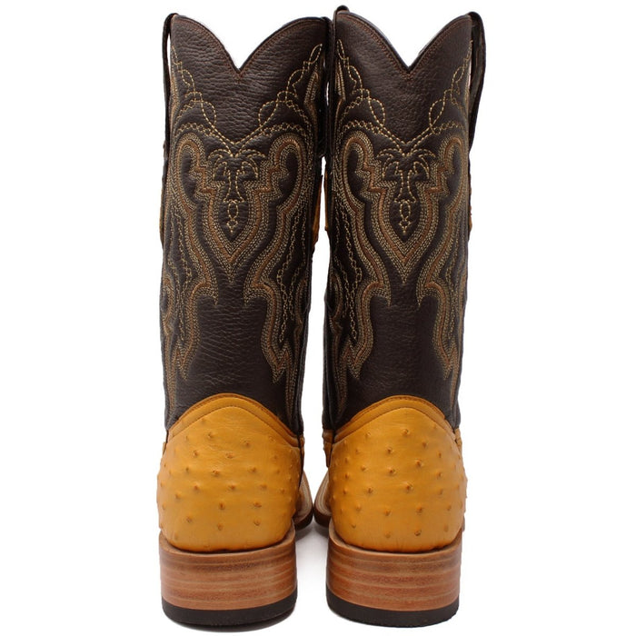 Men's Genuine Full Quill Ostrich Square Toe Boots Antique Saddle - 6