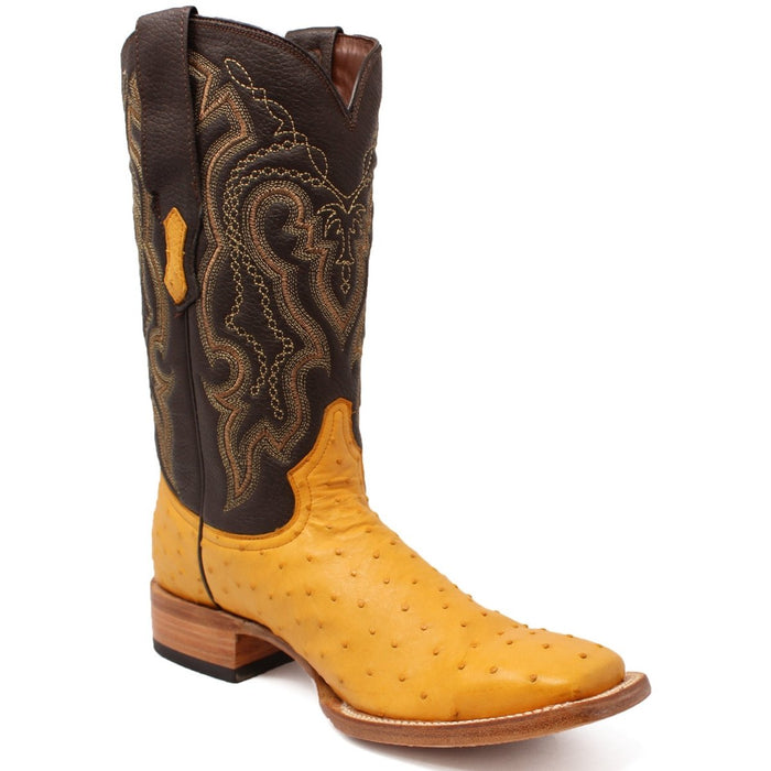Men's Genuine Full Quill Ostrich Square Toe Boots Antique Saddle - 6