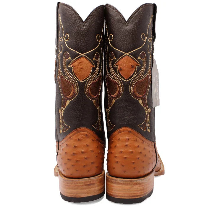 Men's Genuine Full Quill Ostrich Square Toe Boots Cognac - 6