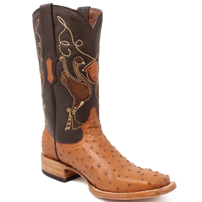 Men's Genuine Full Quill Ostrich Square Toe Boots Cognac - 6