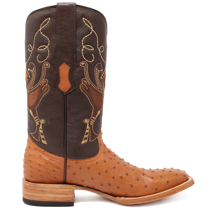 Men's Genuine Full Quill Ostrich Square Toe Boots Cognac - 6