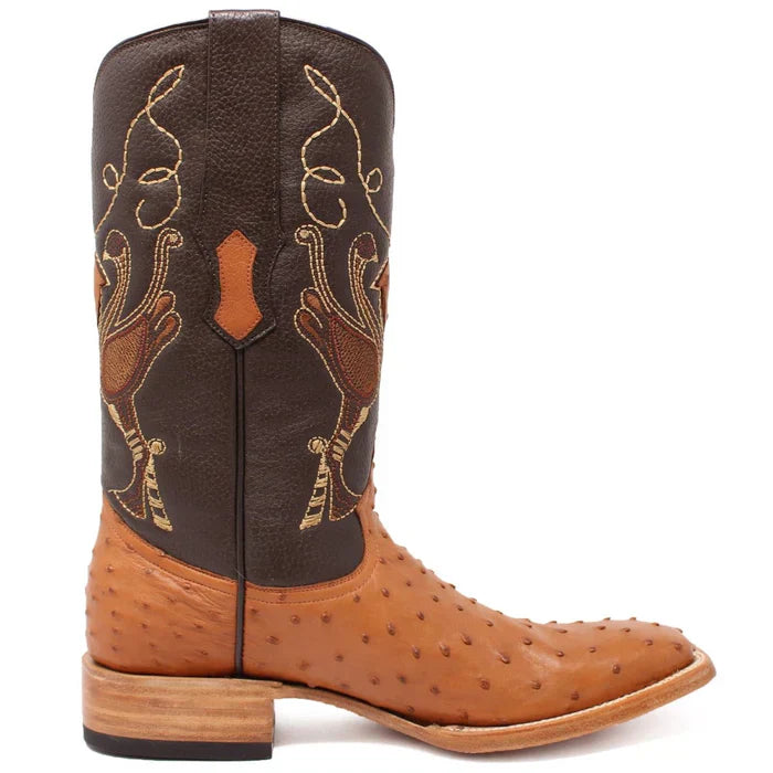 Men's Genuine Full Quill Ostrich Square Toe Boots Cognac - 6
