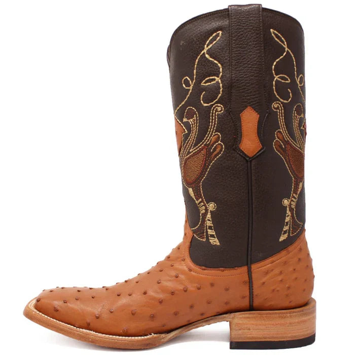 Men's Genuine Full Quill Ostrich Square Toe Boots Cognac - 6