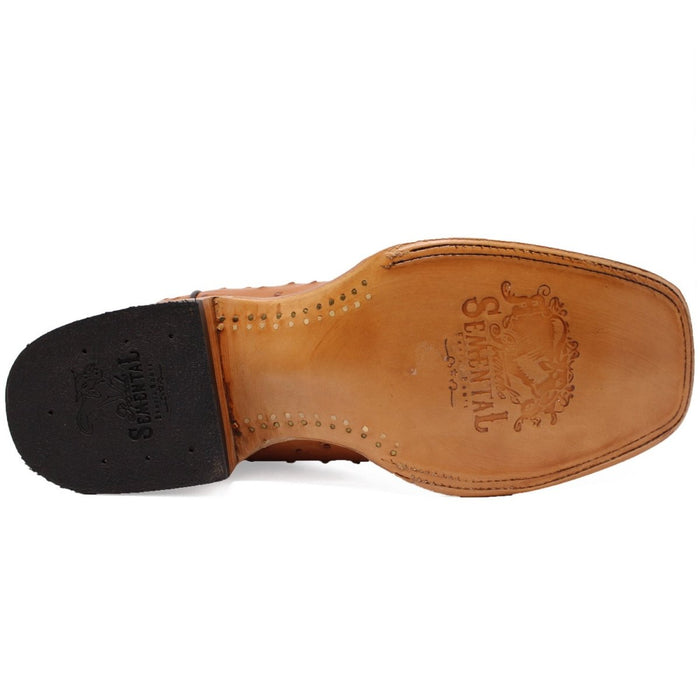 Men's Genuine Full Quill Ostrich Square Toe Boots Cognac - 6