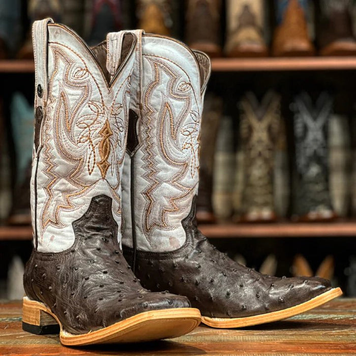 Men's "Bois D'Arc" Full Quill Ostrich Square Toe Boots Light Brown - 6