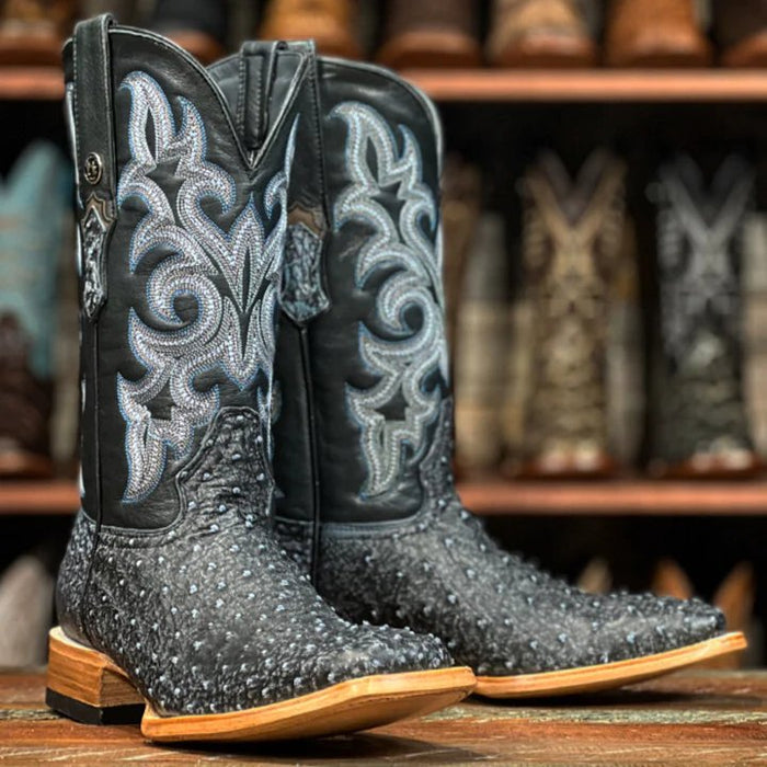 Men's Genuine Full Quill Ostrich Square Toe Boots Denim VF - 6