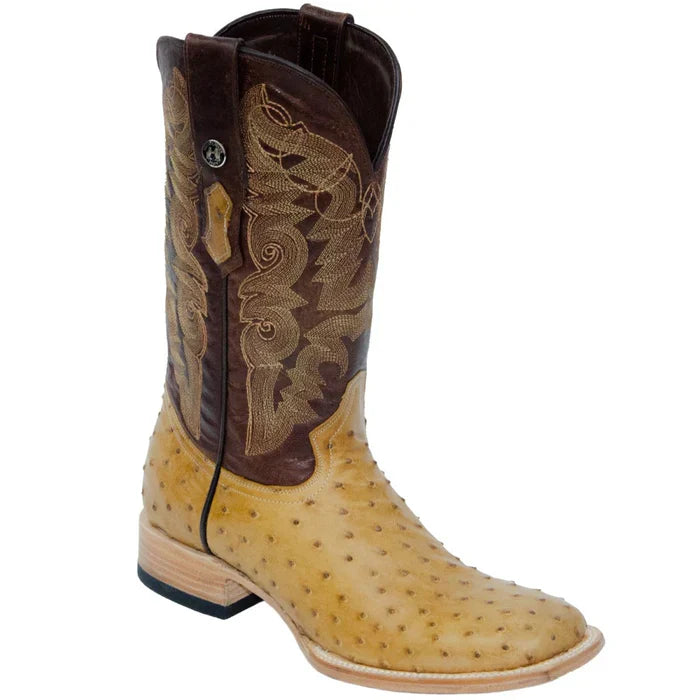 Men's Genuine Full Quill Ostrich Square Toe Boots MD Saddle - 6.5