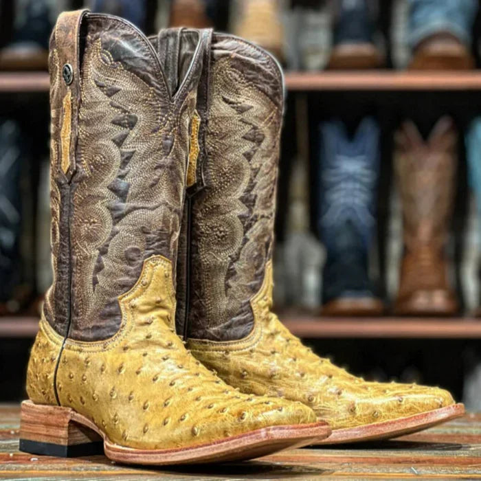 Men's Genuine Full Quill Ostrich Square Toe Boots MD Saddle - 6.5