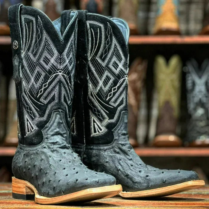 Men's Genuine Full Quill Ostrich Square Toe Boots Mojave Black - 6.5
