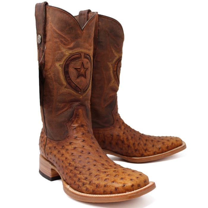 Men's Genuine Full Quill Ostrich Square Toe Boots Oiled Brandy - 6