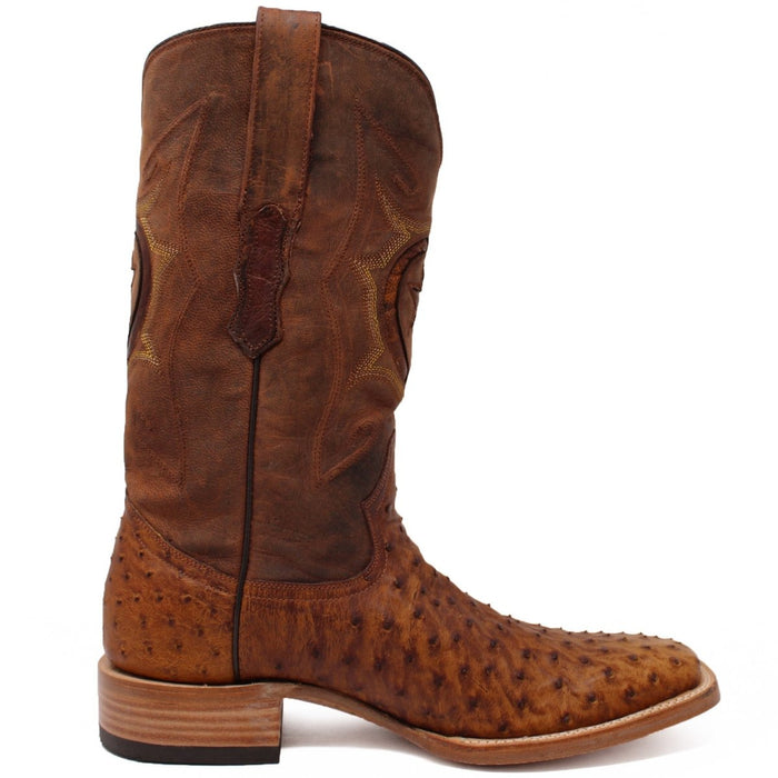 Men's Genuine Full Quill Ostrich Square Toe Boots Oiled Brandy - 6