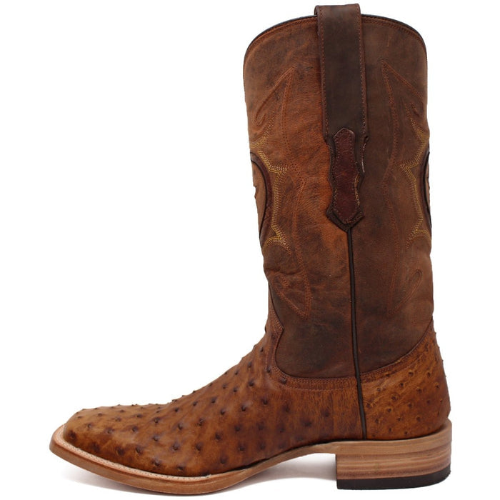 Men's Genuine Full Quill Ostrich Square Toe Boots Oiled Brandy - 6