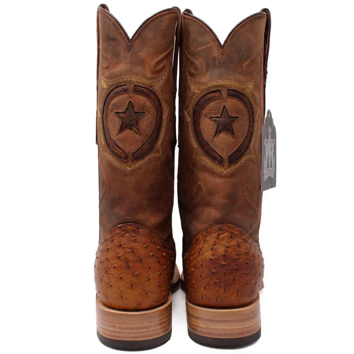 Men's Genuine Full Quill Ostrich Square Toe Boots Oiled Brandy TMX - 7