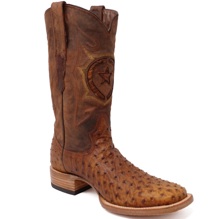 Men's Genuine Full Quill Ostrich Square Toe Boots Oiled Brandy - 6