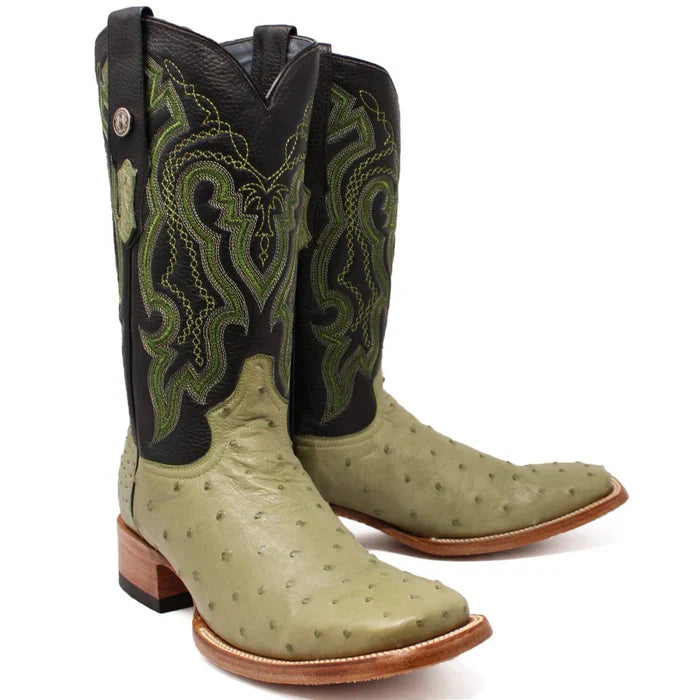 Men's Genuine Full Quill Ostrich Square Toe Boots Olive Green - 6