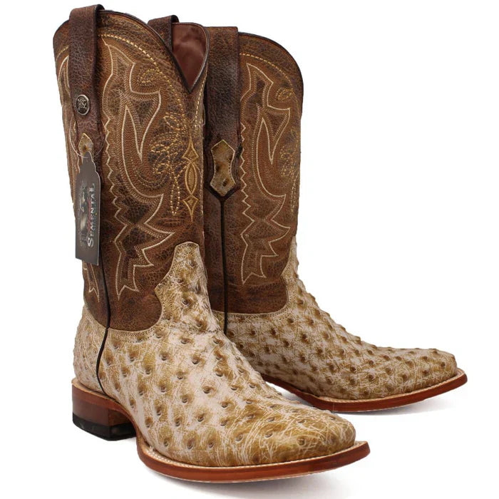 Men's Genuine Full Quill Ostrich Square Toe Boots Rio Grand Antique - 6