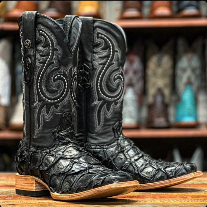 Men's Genuine Monster Fish Leather Square Toe Boots Black - 6