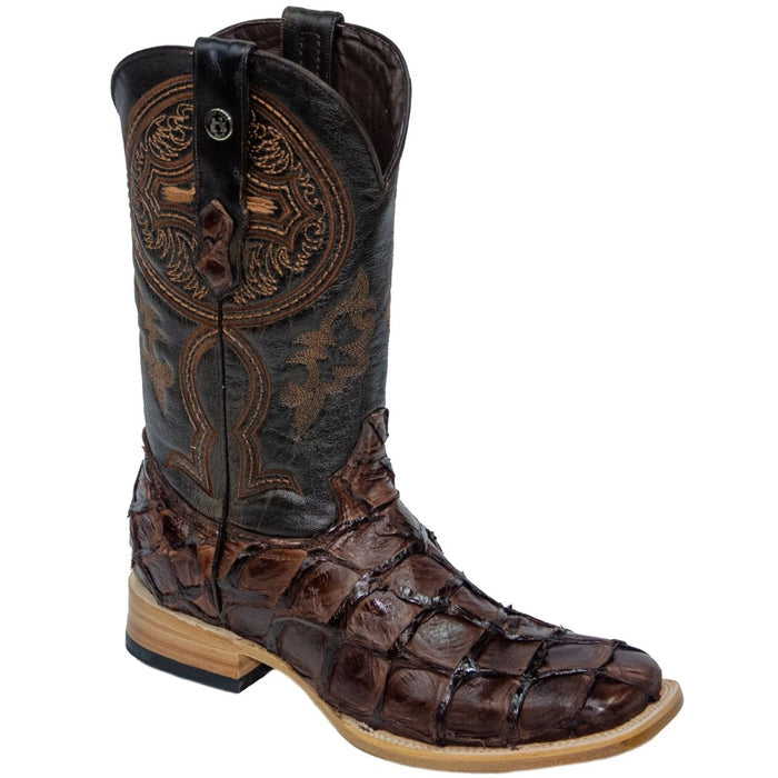 Men's Genuine Monster Fish Leather Square Toe Boots Chocolate - 6