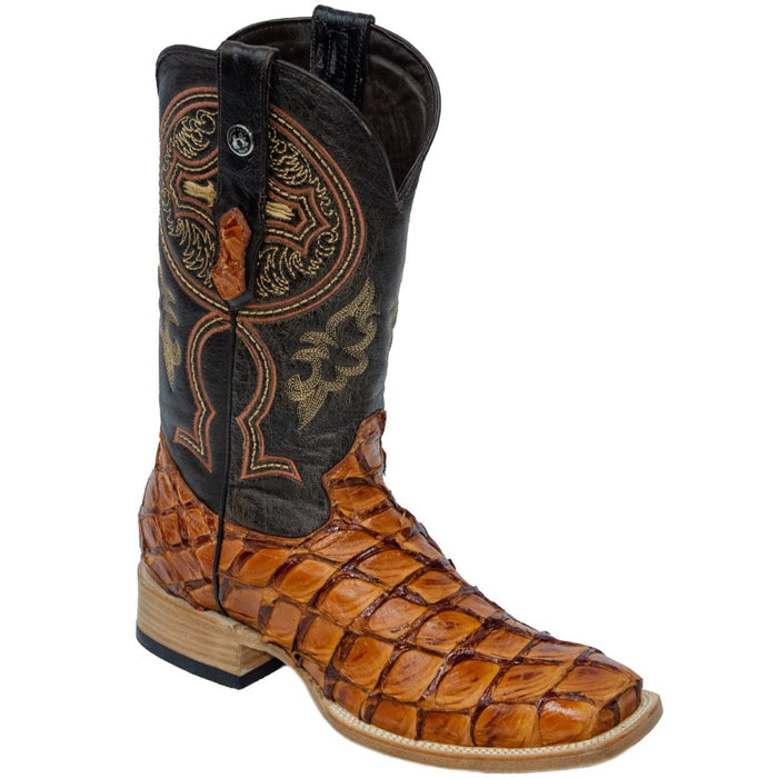 Men's Genuine Monster Fish Leather Square Toe Boots Cognac - 6