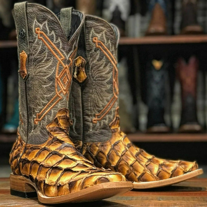 Men's Genuine Monster Leather Fish Square Toe Boots Brandy - 6