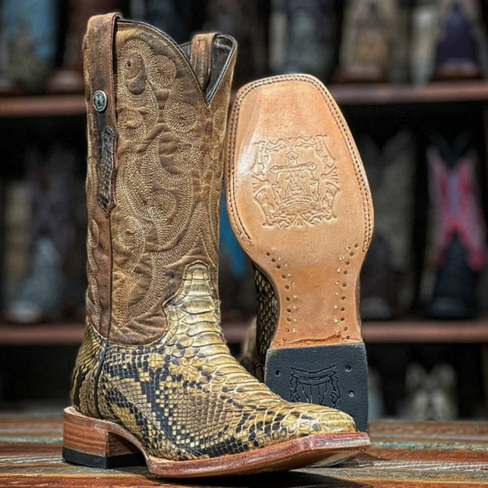 Men's Genuine Python Square Toe Boots Antique Saddle - 6