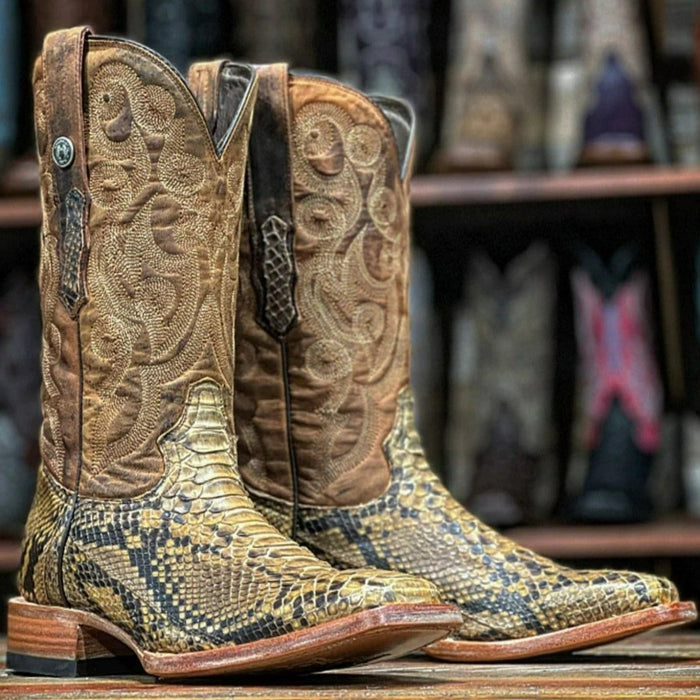 Men's Genuine Python Square Toe Boots Antique Saddle - 6