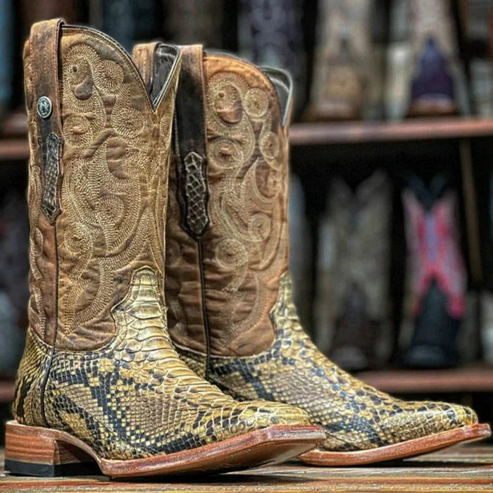 Men's Genuine Python Square Toe Boots Antique Saddle - 6.5