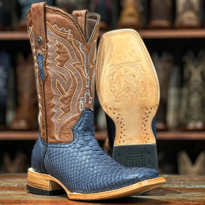 Men's Genuine Python Square Toe Boots Blue Jeans - 6